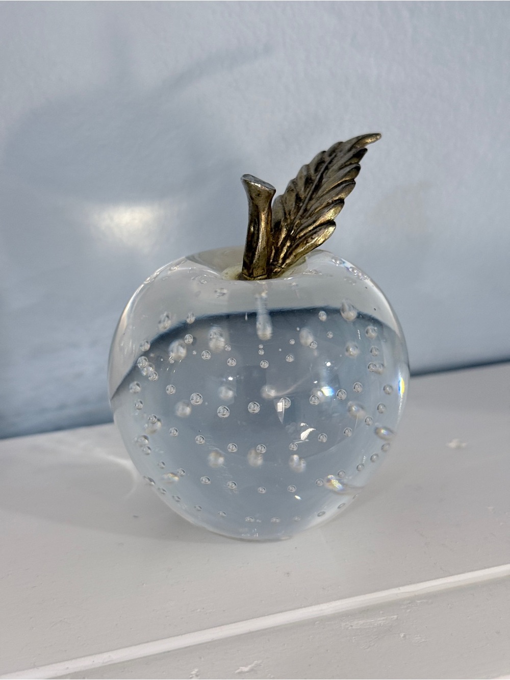 Bubble Glass Art Paperweight Apple with Brass Leaf